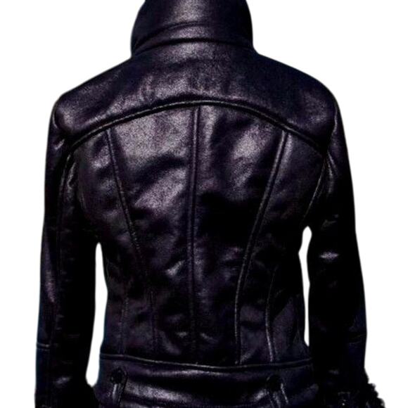 Cache Black Shearling Moto Lined Jacket Front Zipper Sleeve Zippers New NWT $268 - Picture 7 of 10